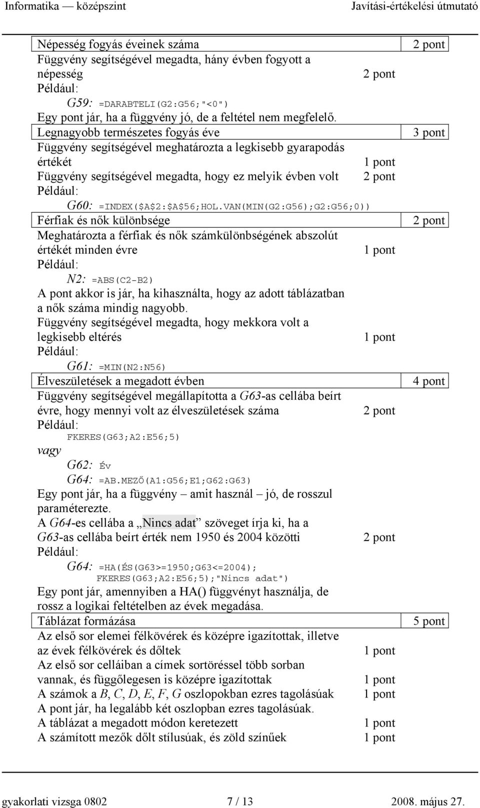 VAN(MIN(G2:G56);G2:G56;0)) Férfiak és nők különbsége Meghatározta a férfiak és nők számkülönbségének abszolút értékét minden évre N2: =ABS(C2-B2) A pont akkor is jár, ha kihasználta, hogy az adott