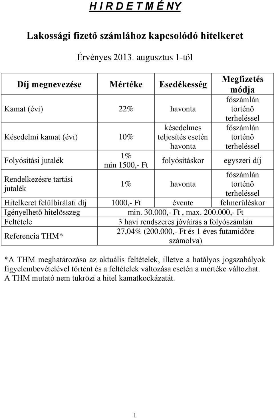 történő egyszeri díj Rendelkezésre tartási 1% havonta történő jutalék Hitelkeret felülbírálati díj 1000,- Ft évente felmerüléskor Igényelhető hitelösszeg Feltétele