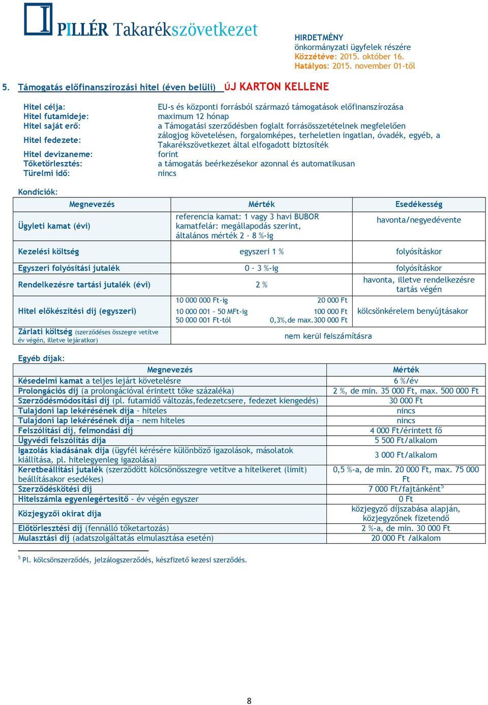 óvadék, egyéb, a Takarékszövetkezet által elfogadott biztosíték forint a támogatás beérkezésekor azonnal és automatikusan nincs Ügyleti kamat (évi) referencia kamat: 1 vagy 3 havi BUBOR kamatfelár: