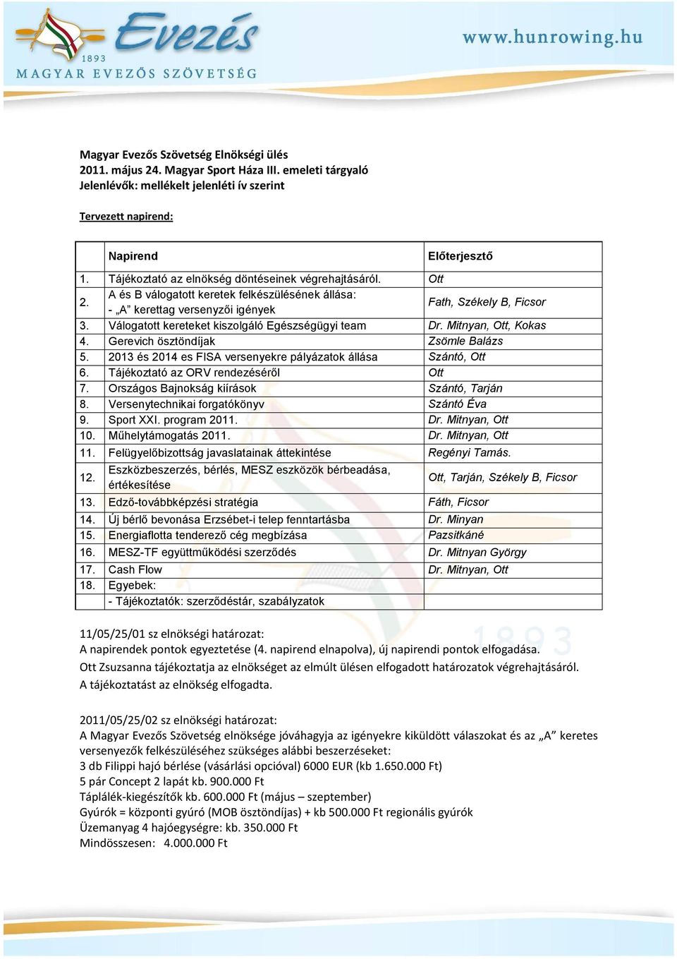 Válogatott kereteket kiszolgáló Egészségügyi team Dr. Mitnyan, Ott, Kokas 4. Gerevich ösztöndíjak Zsömle Balázs 5. 2013 és 2014 es FISA versenyekre pályázatok állása Szántó, Ott 6.