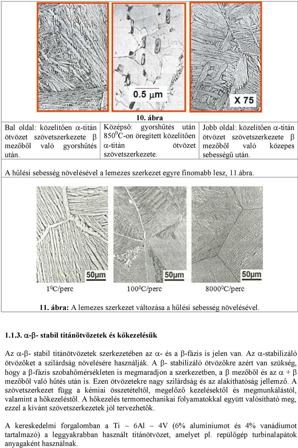 ábra. 11. ábra: A lemezes szerkezet változása a hűlési sebesség növelésével. 1.1.3. - - stabil titánötvözetek és kőkezelésük Az - - stabil titánötvözetek szerkezetében az - és a -fázis is jelen van.