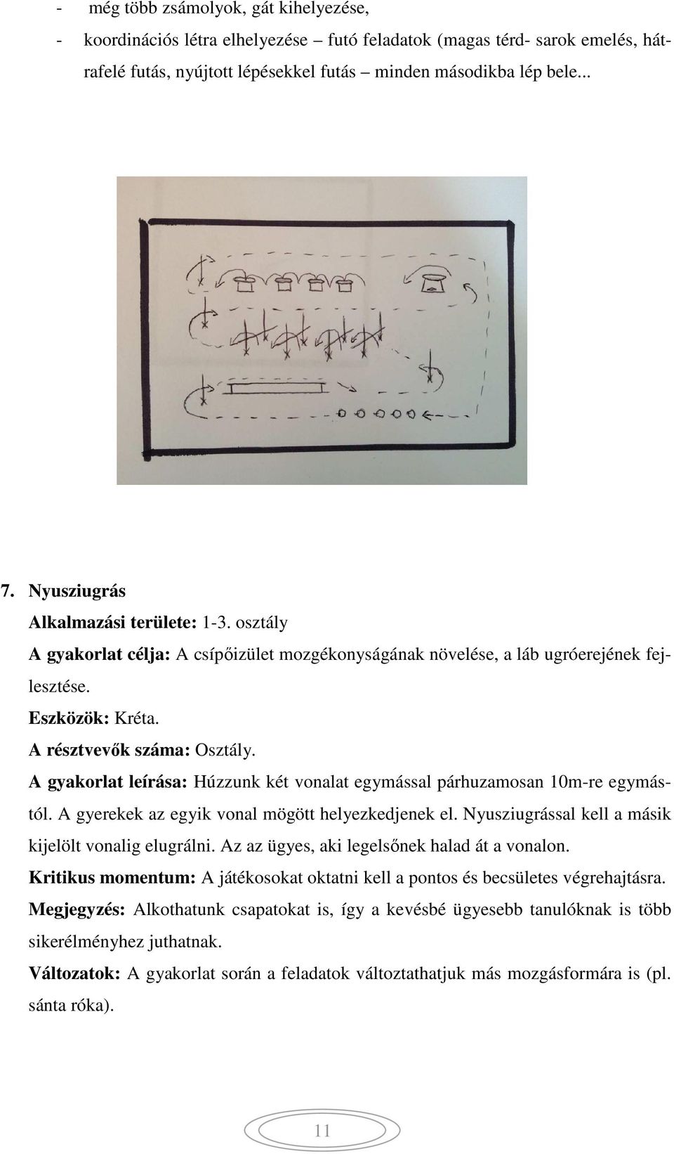 A gyakorlat leírása: Húzzunk két vonalat egymással párhuzamosan 10m-re egymástól. A gyerekek az egyik vonal mögött helyezkedjenek el. Nyusziugrással kell a másik kijelölt vonalig elugrálni.