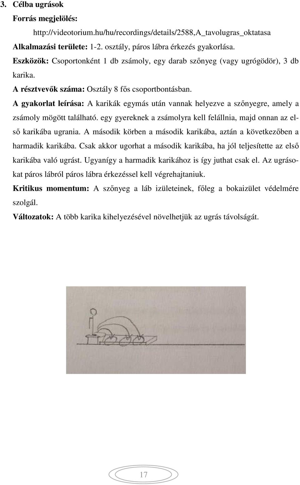 A gyakorlat leírása: A karikák egymás után vannak helyezve a szőnyegre, amely a zsámoly mögött található. egy gyereknek a zsámolyra kell felállnia, majd onnan az első karikába ugrania.