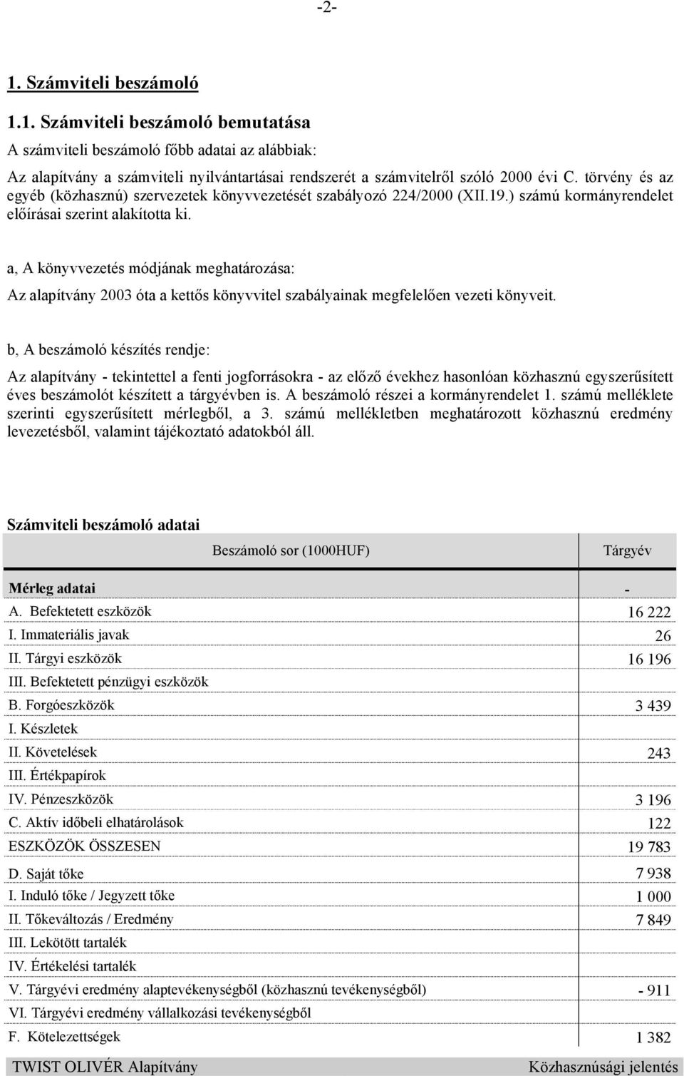 a, A könyvvezetés módjának meghatározása: Az alapítvány 2003 óta a kettıs könyvvitel szabályainak megfelelıen vezeti könyveit.