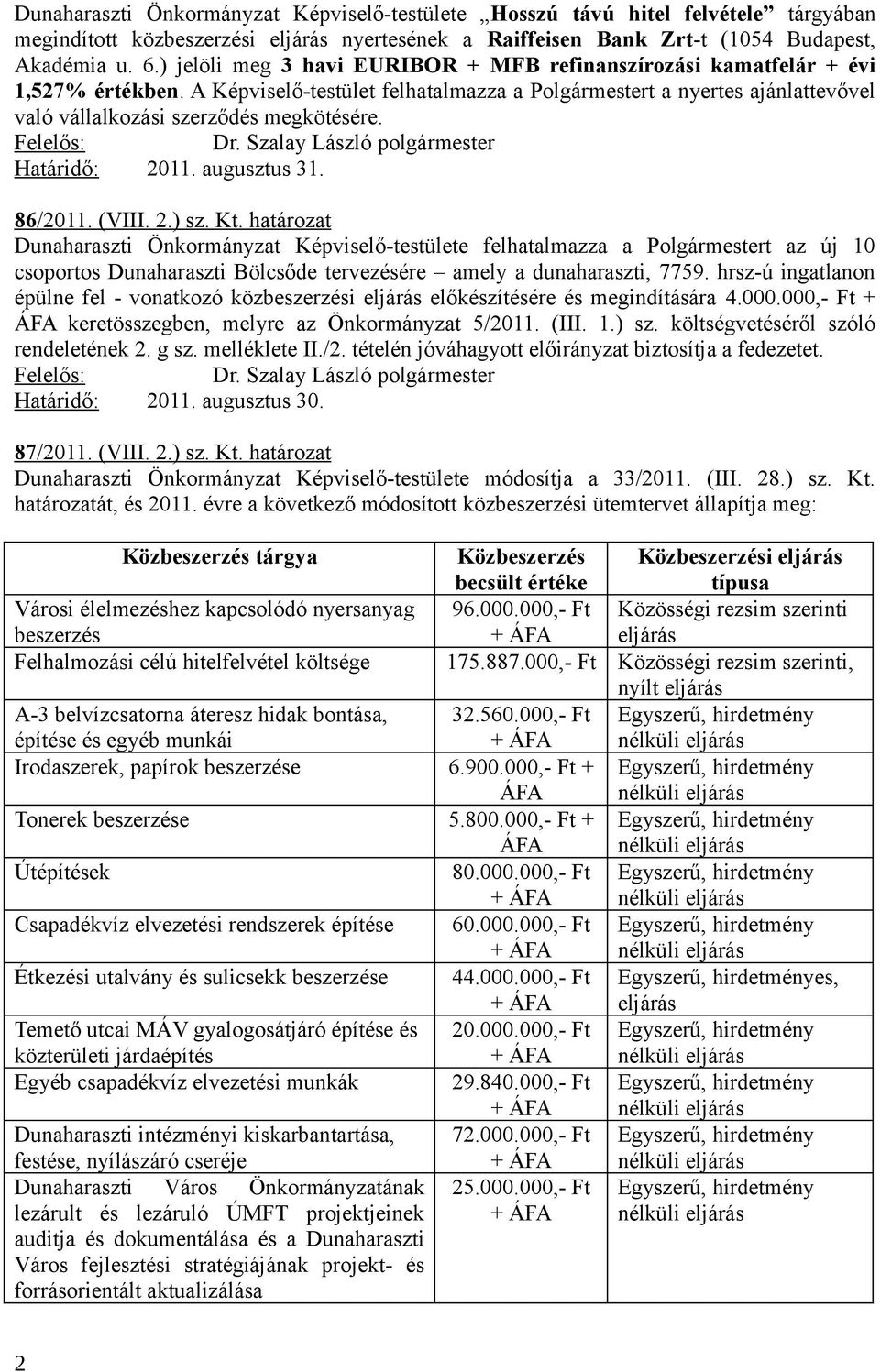 A Képviselő-testület felhatalmazza a Polgármestert a nyertes ajánlattevővel való vállalkozási szerződés megkötésére. 86/2011. (VIII. 2.) sz. Kt.