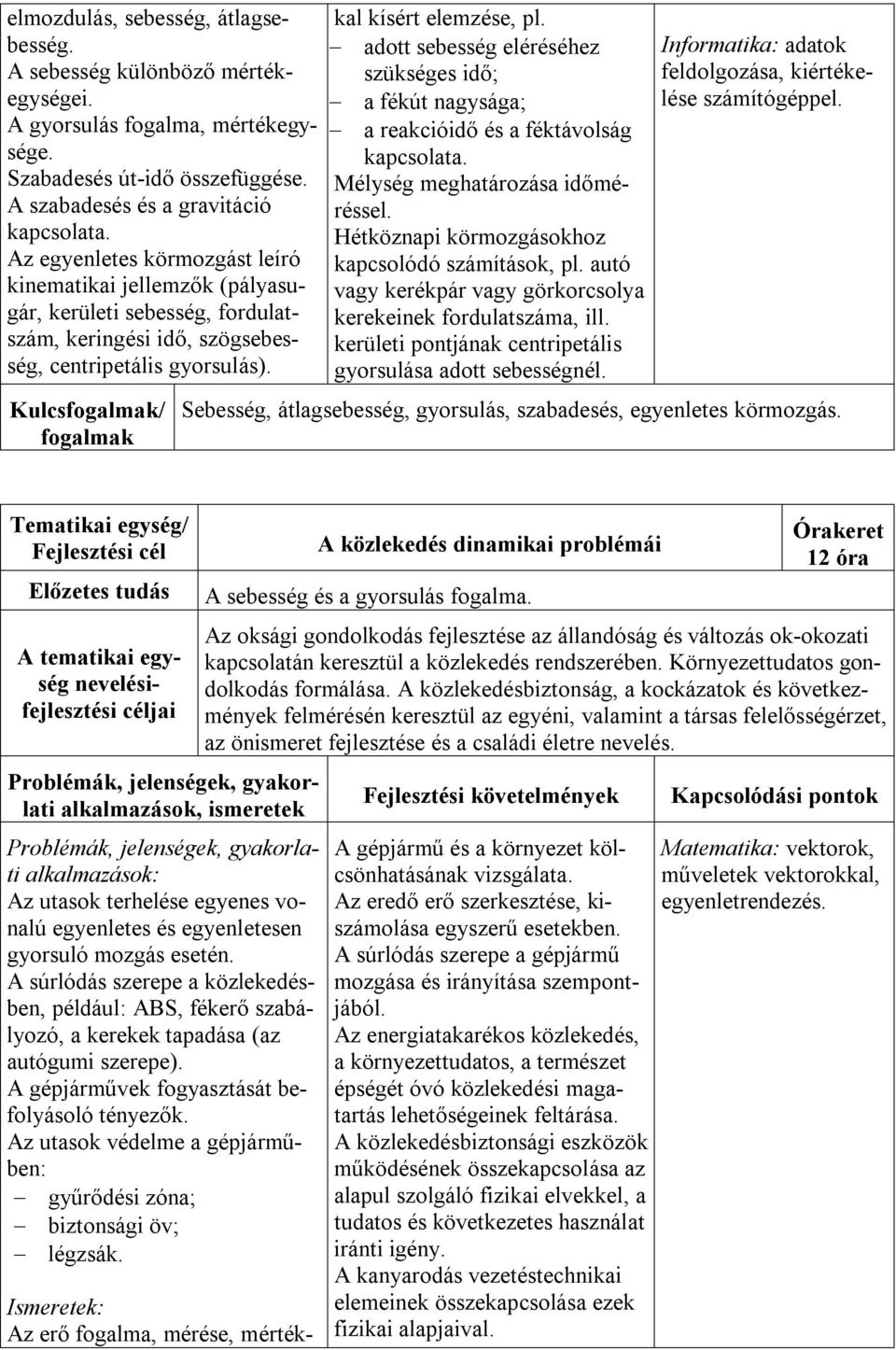 adott sebesség eléréséhez szükséges idő; a fékút nagysága; a reakcióidő és a féktávolság kapcsolata. Mélység meghatározása időméréssel. Hétköznapi körmozgásokhoz kapcsolódó számítások, pl.