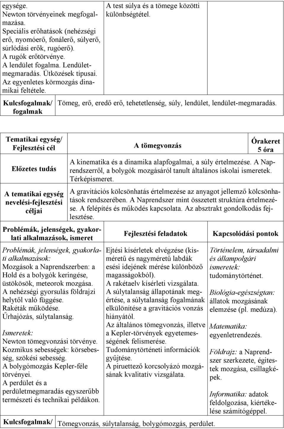nevelési-fejlesztési A tömegvonzás 5 óra A kinematika és a dinamika alapfogalmai, a súly értelmezése. A Naprendszerről, a bolygók mozgásáról tanult általános iskolai ismeretek. Térképismeret.