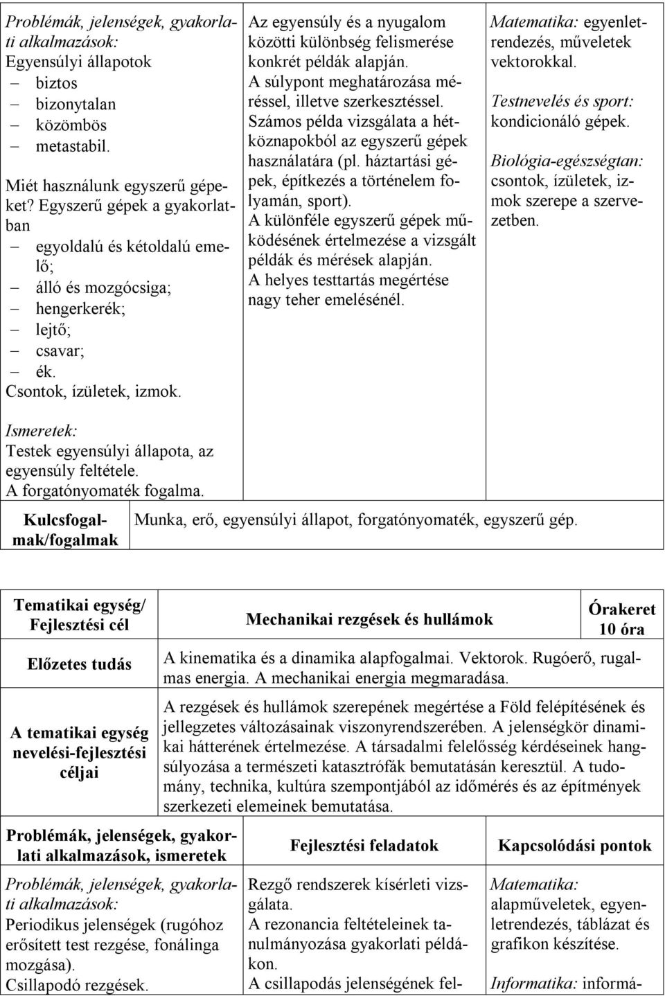 Az egyensúly és a nyugalom közötti különbség felismerése konkrét példák alapján. A súlypont meghatározása méréssel, illetve szerkesztéssel.