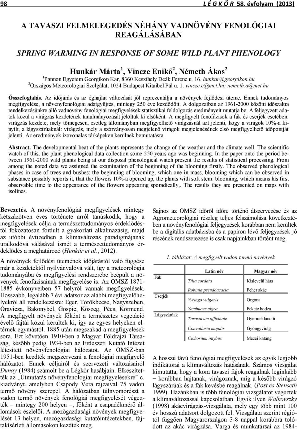 Georgikon Kar, 8360 Keszthely Deák Ferenc u. 16. hunkar@georgikon.hu 2 Országos Meteorológiai Szolgálat, 1024 Budapest Kitaibel Pál u. 1. vincze.e@met.hu; nemeth.a@met.hu Összefoglalás.