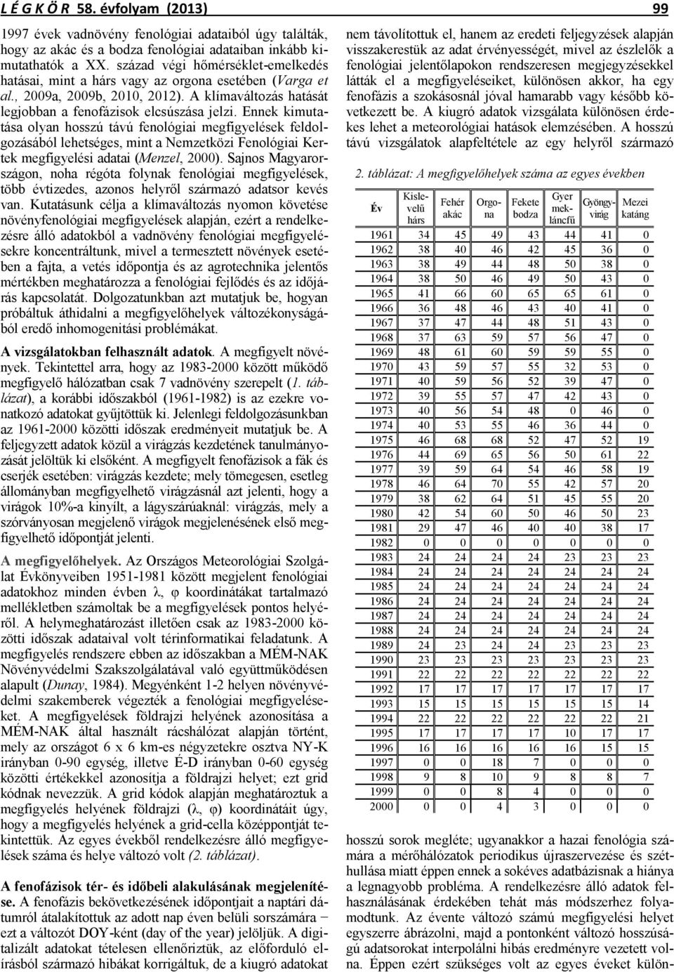 Ennek kimutatása olyan hosszú távú fenológiai megfigyelések feldolgozásából lehetséges, mint a Nemzetközi Fenológiai Kertek megfigyelési adatai (Menzel, 2000).