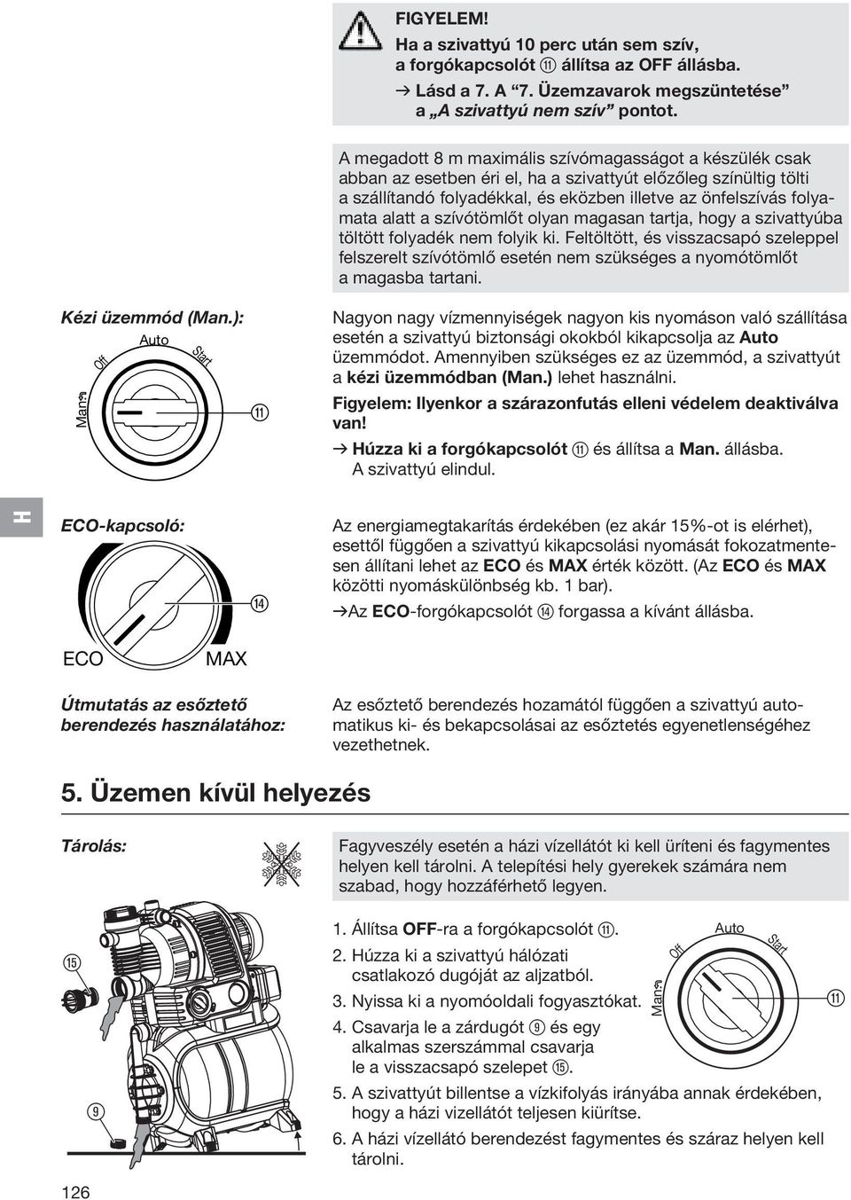 a szívótömlőt olyan magasan tartja, hogy a szivattyúba töltött folyadék nem folyik ki. Feltöltött, és visszacsapó szeleppel felszerelt szívótömlő esetén nem szükséges a nyomótömlőt a magasba tartani.