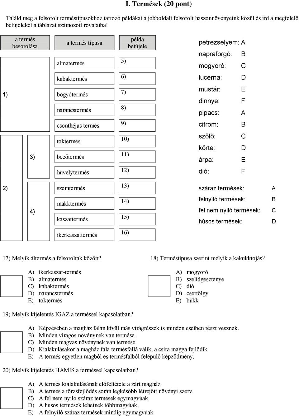 csonthéjas termés 9) citrom: B 3) toktermés 10) becőtermés 11) szőlő: körte: árpa: C D E hüvelytermés 12) dió: F 2) szemtermés 13) száraz termések: A 4) makktermés 14) kaszattermés 15) felnyíló