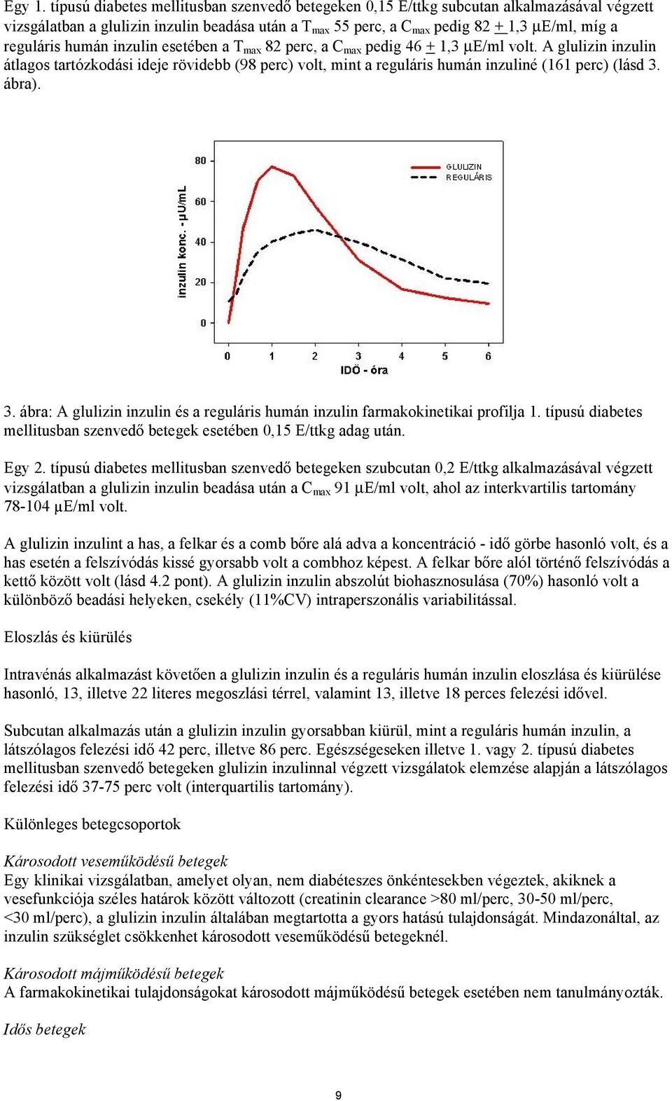 humán inzulin esetében a T max 82 perc, a C max pedig 46 + 1,3 µe/ml volt. A glulizin inzulin átlagos tartózkodási ideje rövidebb (98 perc) volt, mint a reguláris humán inzuliné (161 perc) (lásd 3.