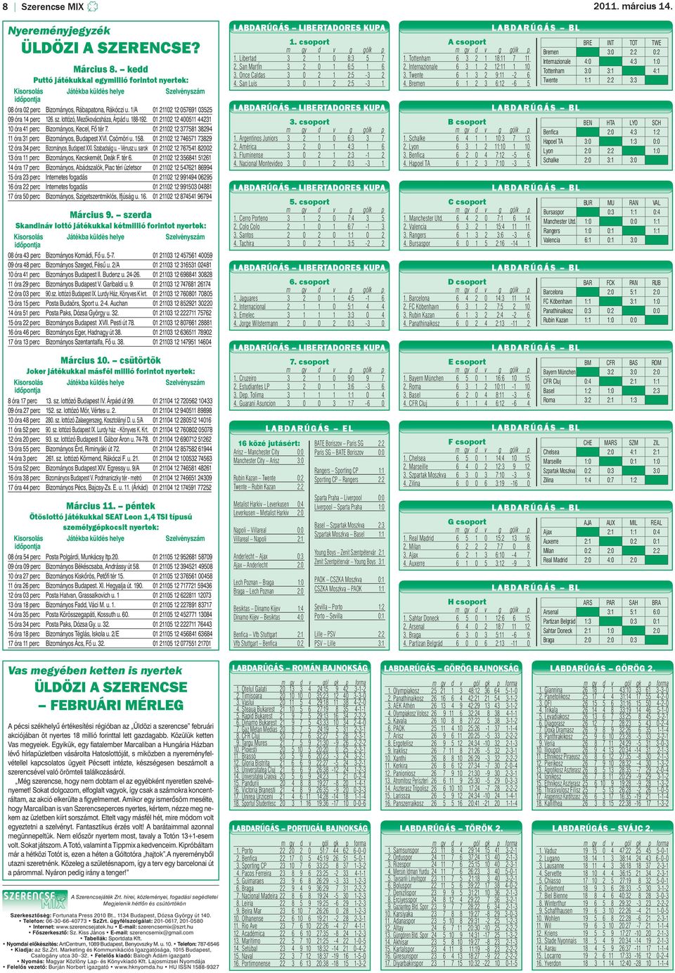 1/A 01 21102 12 057691 03525 09 óra 14 perc 126. sz. lottózó, Mezőkovácsháza, Árpád u. 188-192. 01 21102 12 400511 44231 10 óra 41 perc Bizományos, Kecel, Fő tér 7.