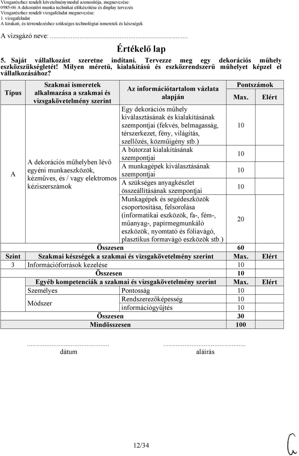 Típus A Szakmai ismeretek alkalmazása a szakmai és vizsgakövetelmény szerint A dekorációs műhelyben lévő egyéni munkaeszközök, kézműves, és / vagy elektromos kéziszerszámok Az információtartalom