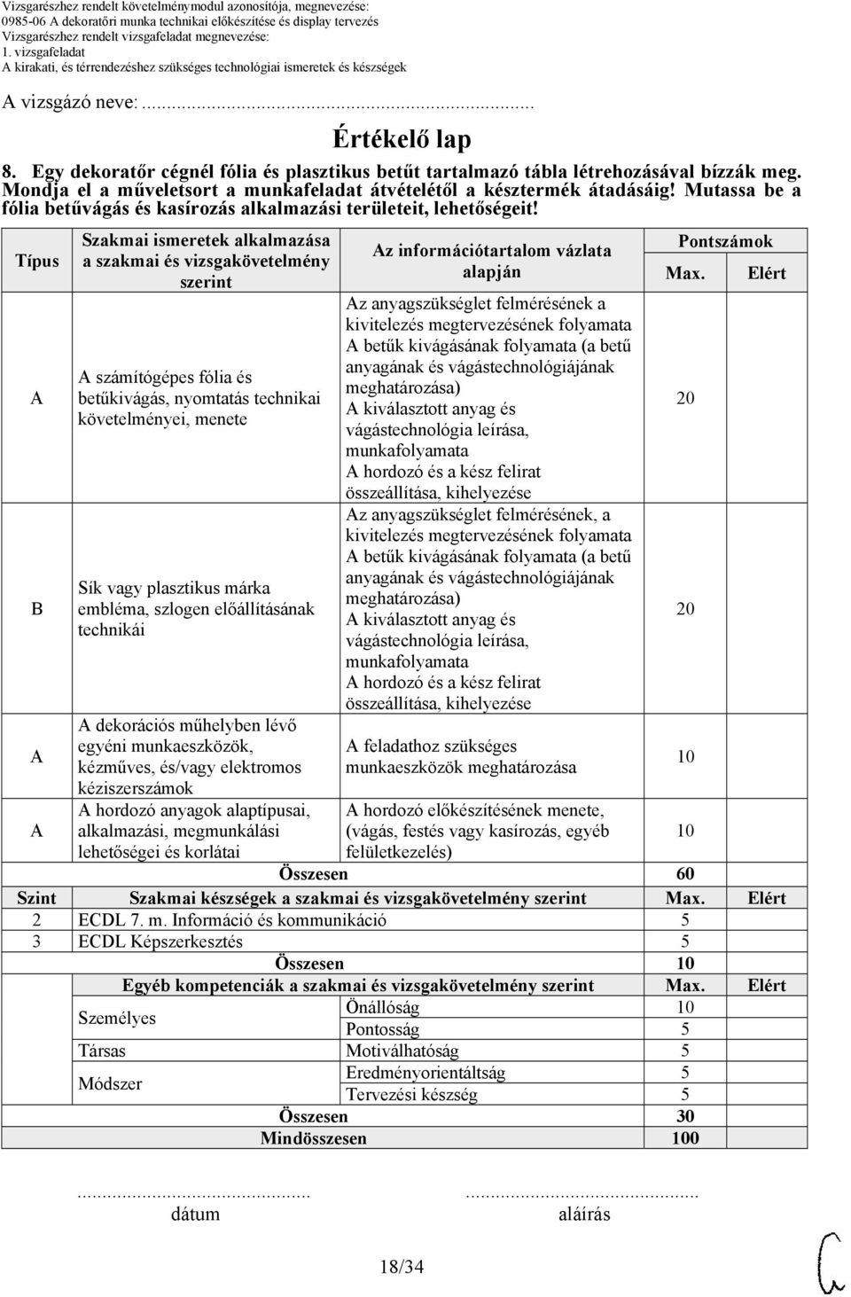 Típus A A A Szakmai ismeretek alkalmazása a szakmai és vizsgakövetelmény szerint A számítógépes fólia és betűkivágás, nyomtatás technikai követelményei, menete Sík vagy plasztikus márka embléma,