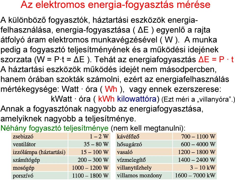 Tehát az energiafogyasztás ΔE = P t A háztartási eszközök működés idejét nem másodpercben, hanem órában szokták számolni, ezért az energiafelhasználás mértékegysége: Watt