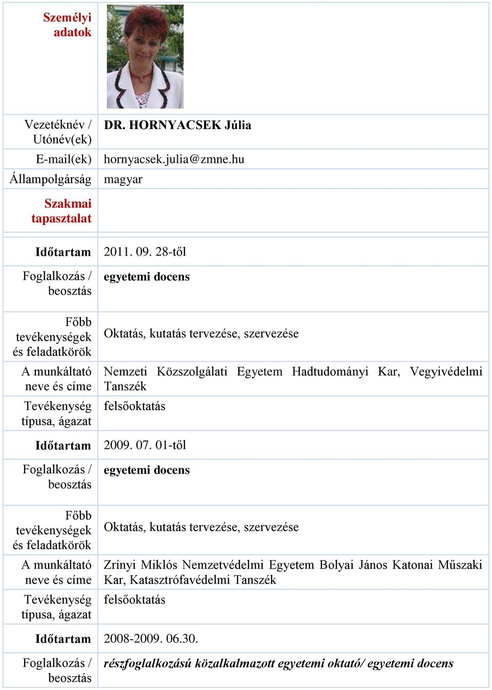 28-től egyetemi docens Oktatás, kutatás tervezése, szervezése Nemzeti Közszolgálati Egyetem Hadtudományi Kar, Vegyivédelmi Tanszék felsőoktatás