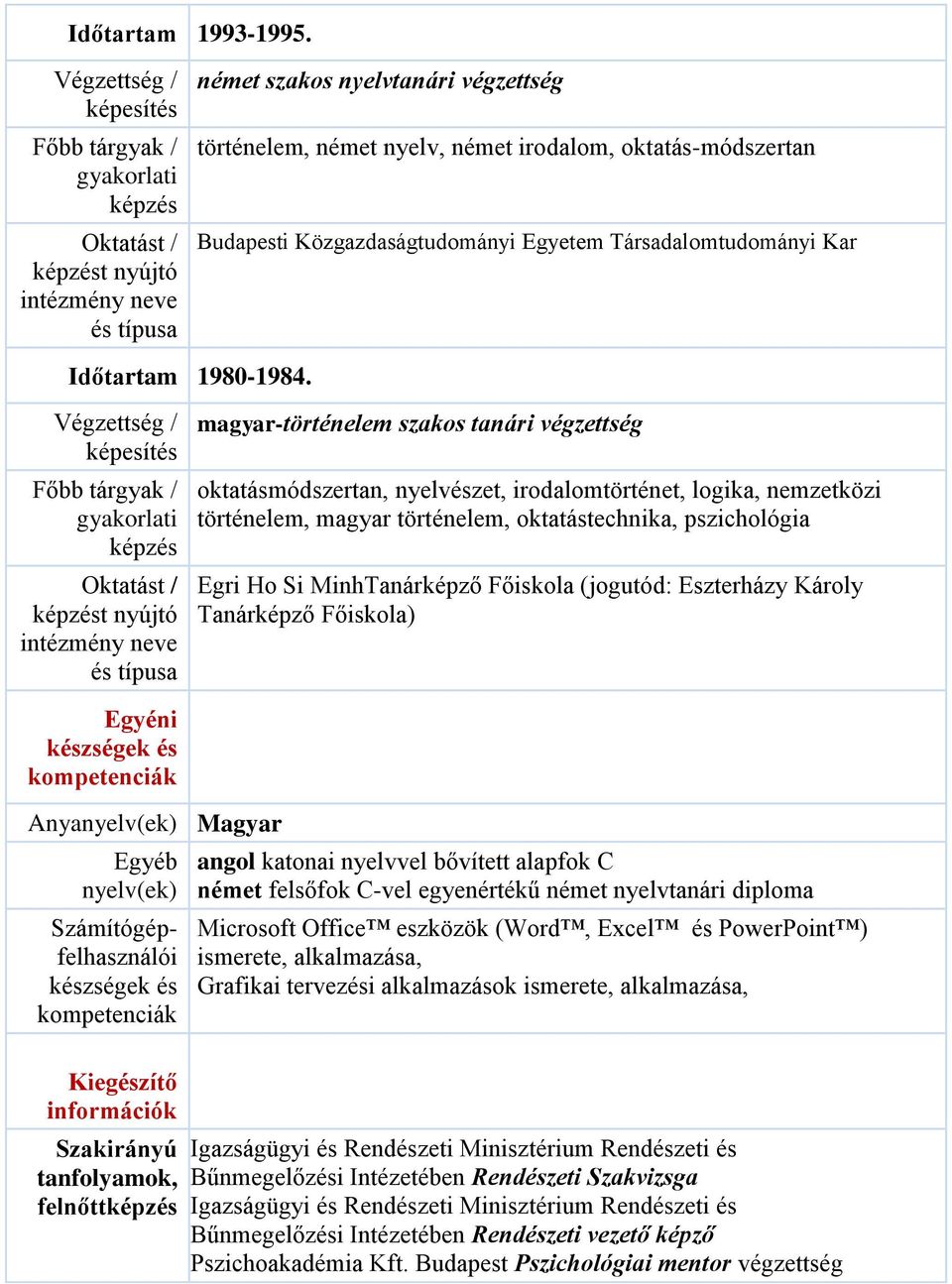 t nyújtó magyar-történelem szakos tanári végzettség oktatásmódszertan, nyelvészet, irodalomtörténet, logika, nemzetközi történelem, magyar történelem, oktatástechnika, pszichológia Egri Ho Si