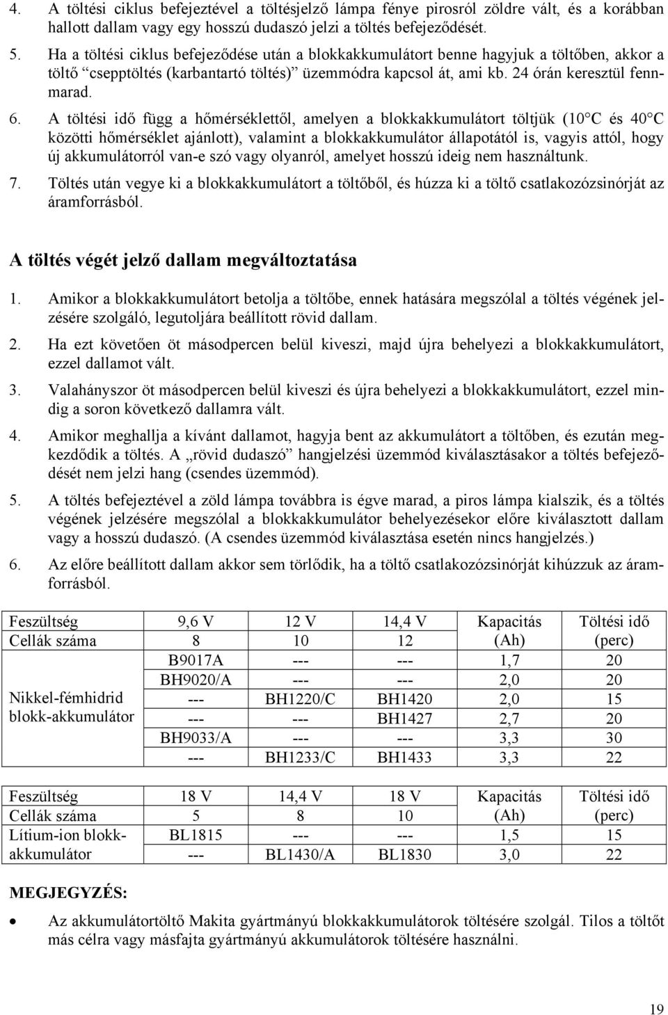 A töltési idő függ a hőmérséklettől, amelyen a blokkakkumulátort töltjük (10 C és 40 C közötti hőmérséklet ajánlott), valamint a blokkakkumulátor állapotától is, vagyis attól, hogy új akkumulátorról