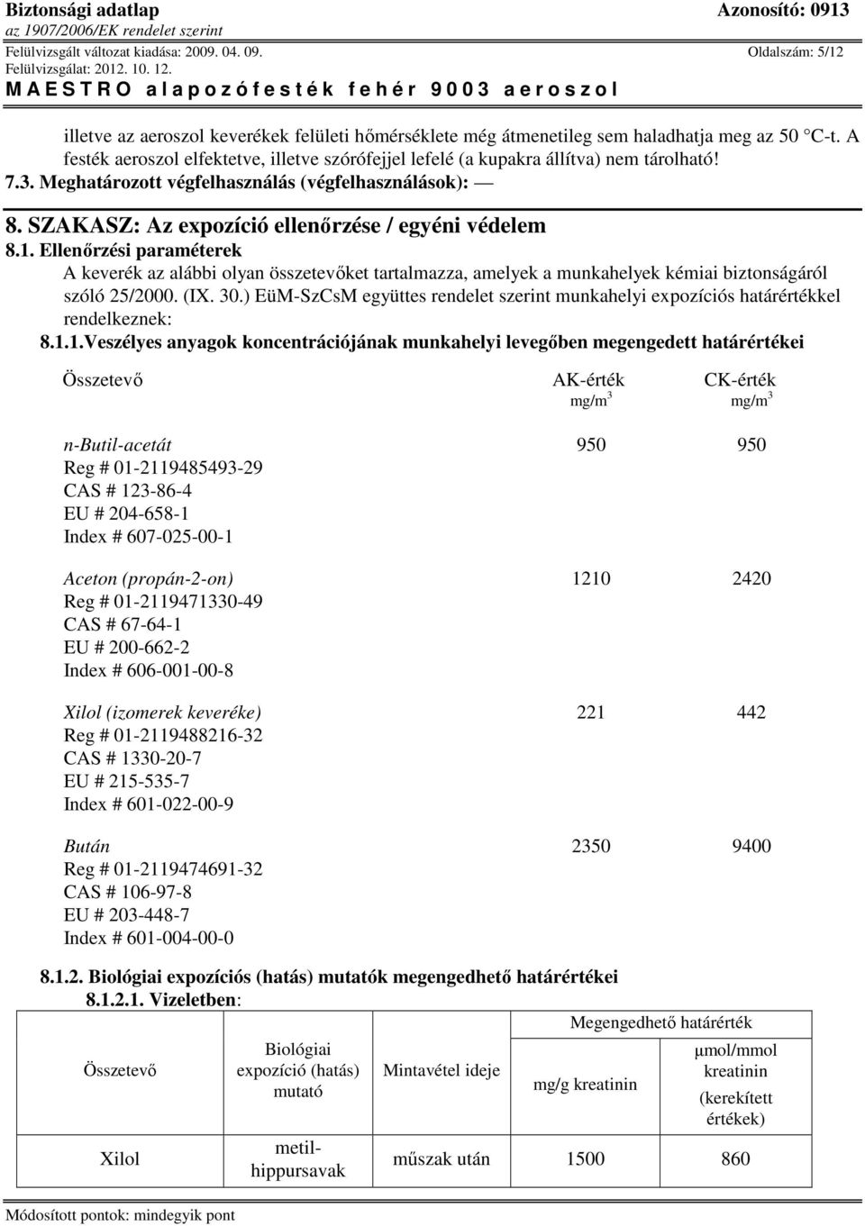 SZAKASZ: Az expozíció ellenırzése / egyéni védelem 8.1. Ellenırzési paraméterek A keverék az alábbi olyan összetevıket tartalmazza, amelyek a munkahelyek kémiai biztonságáról szóló 25/2000. (IX. 30.