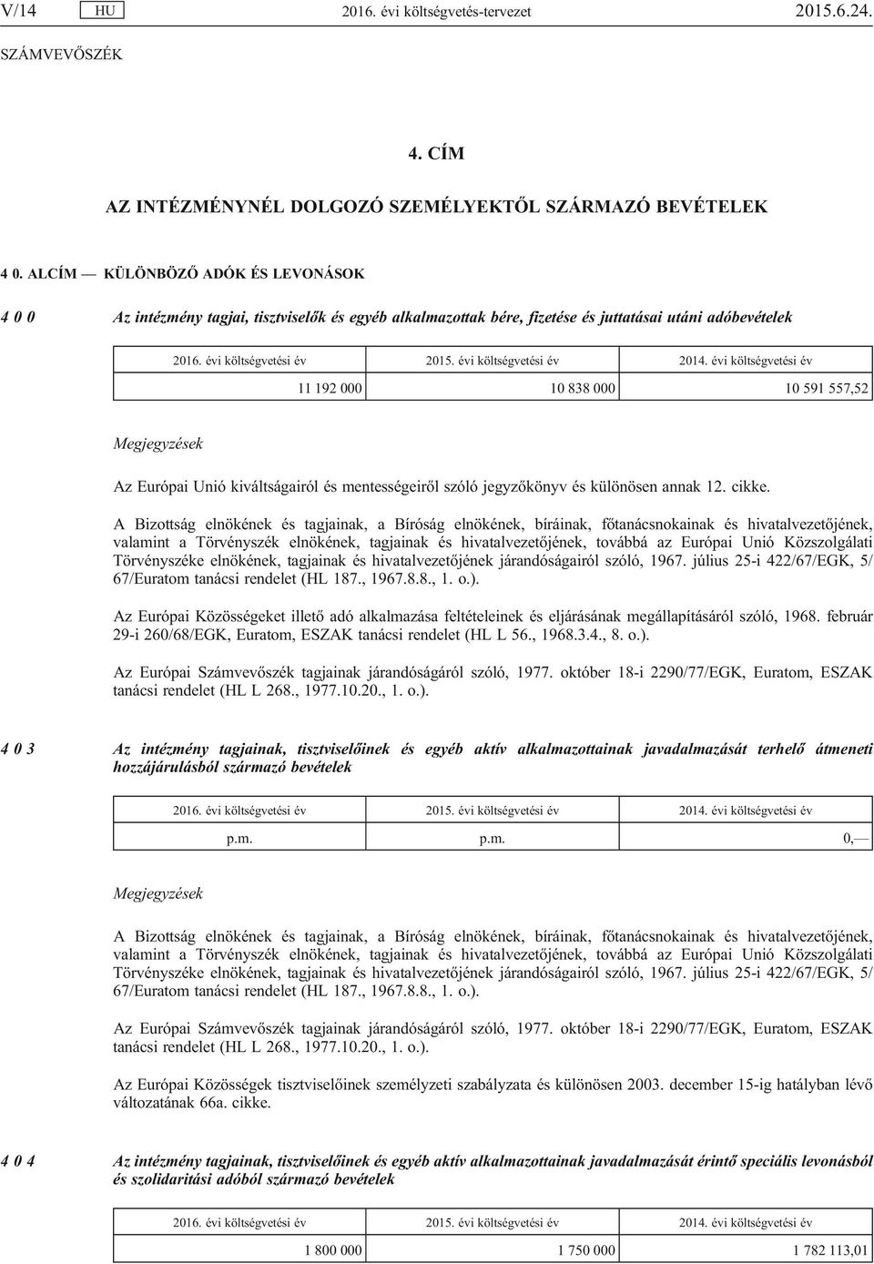 évi költségvetési év 2014. évi költségvetési év 11 192 000 10 838 000 10 591 557,52 Az Európai Unió kiváltságairól és mentességeiről szóló jegyzőkönyv és különösen annak 12. cikke.