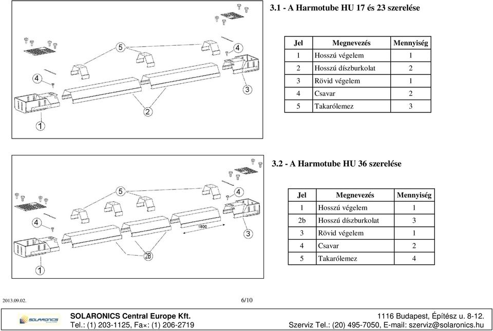 3.2 - A Harmotube HU 36 szerelése Jel Megnevezés Mennyiség 1 Hosszú végelem 1