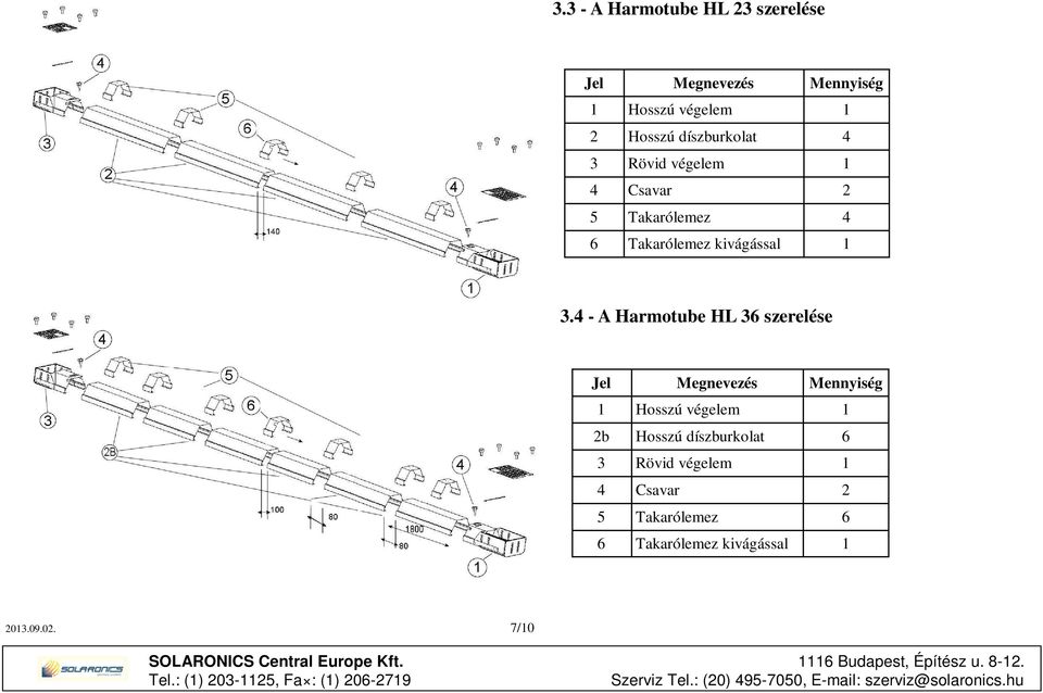 4 - A Harmotube HL 36 szerelése Jel Megnevezés Mennyiség 1 Hosszú végelem 1 2b Hosszú