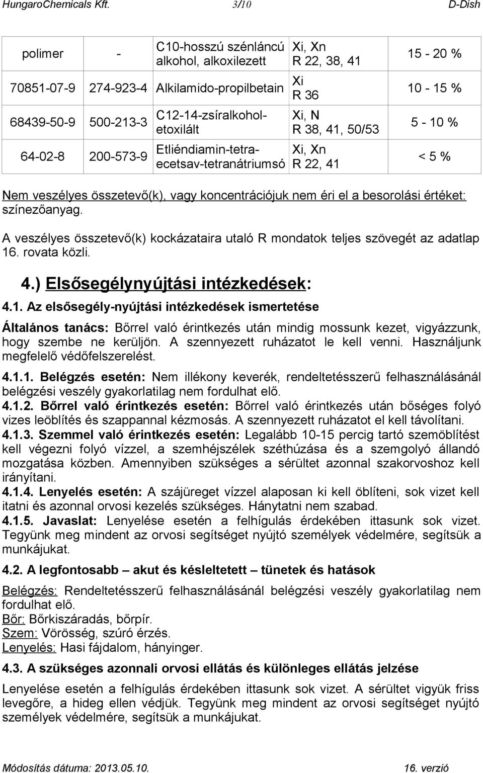 Etliéndiamin-tetraecetsav-tetranátriumsó Xi, Xn R 22, 38, 41 Xi, N R 38, 41, 50/53 Xi, Xn R 22, 41 15-20 % 10-15 % 5-10 % < 5 % Nem veszélyes összetevő(k), vagy koncentrációjuk nem éri el a