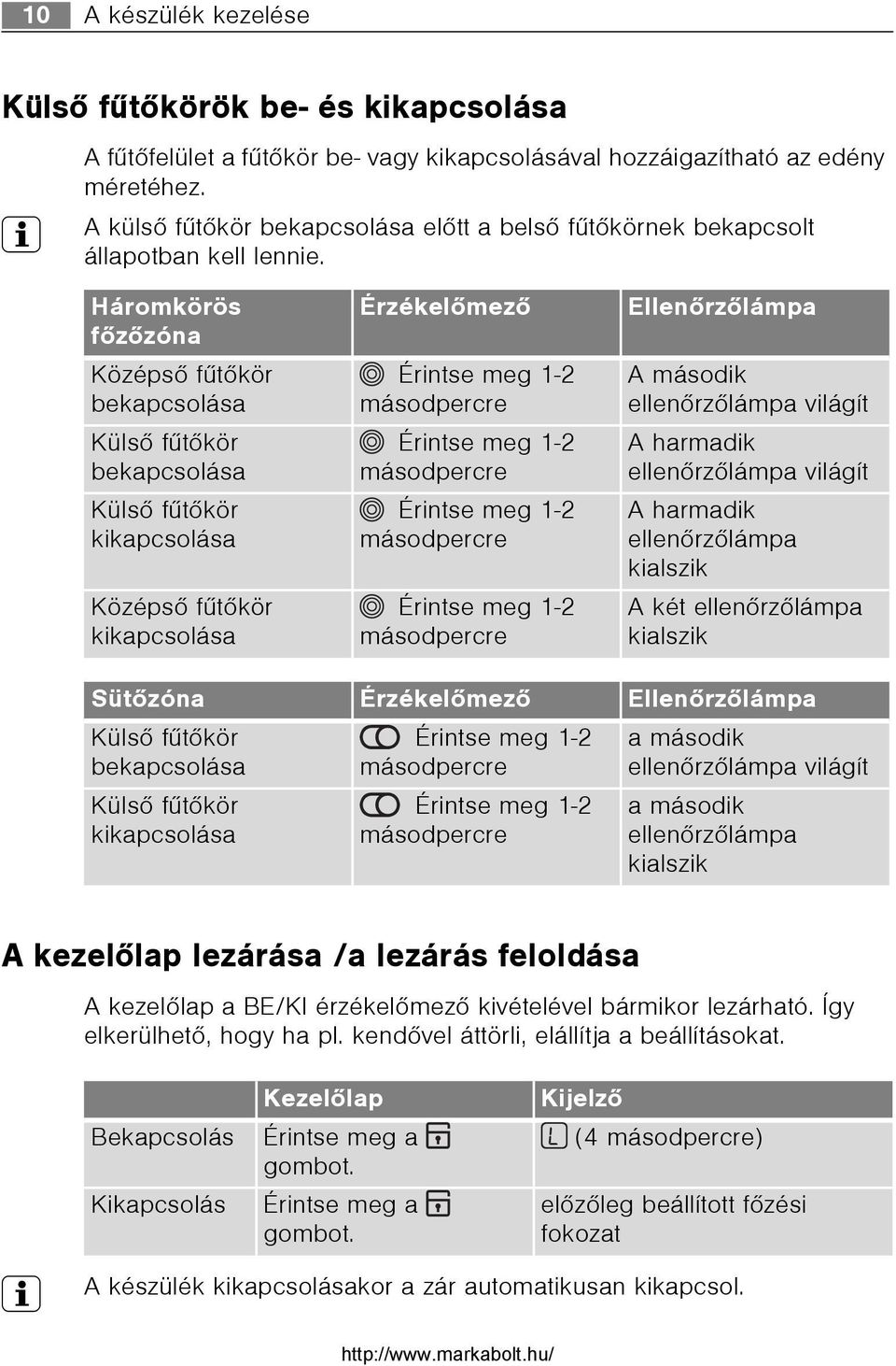 Háromkörös fõzõzóna Középsõ fûtõkör bekapcsolása Külsõ fûtõkör bekapcsolása Külsõ fûtõkör kikapcsolása Középsõ fûtõkör kikapcsolása Érzékelõmezõ Érintse meg 1-2 másodpercre Érintse meg 1-2