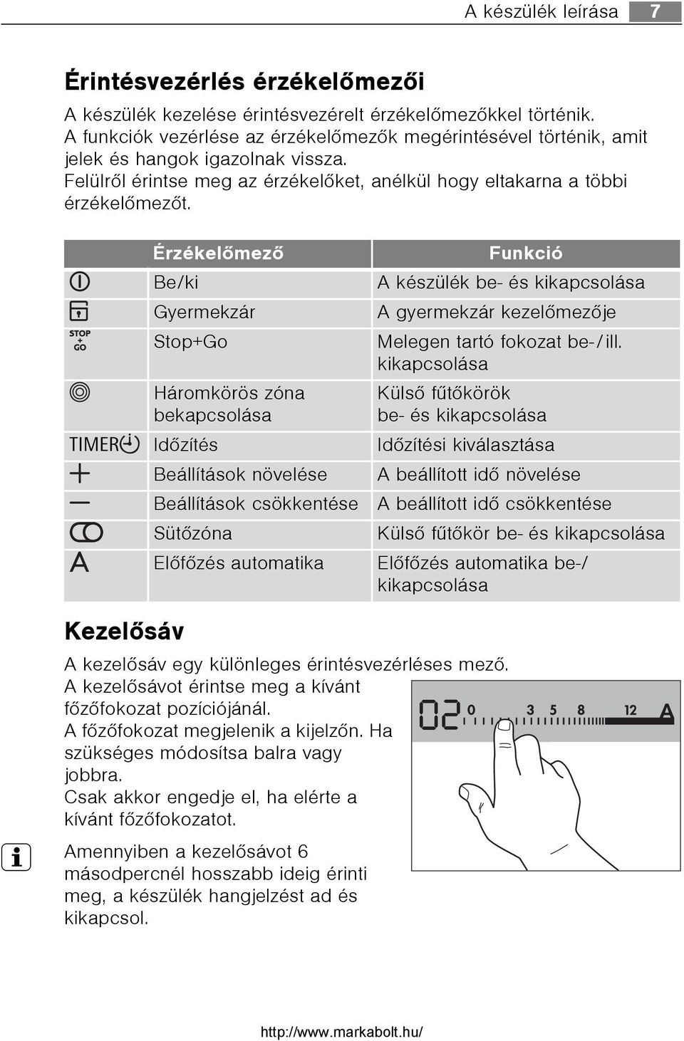 Érzékelõmezõ Funkció Be/ki A készülék be- és kikapcsolása Gyermekzár A gyermekzár kezelõmezõje Stop+Go Melegen tartó fokozat be-/ill.
