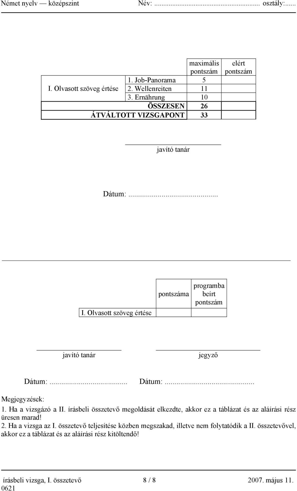 Olvasott szöveg értése pontszáma programba beírt pontszám javító tanár jegyző Dátum:... Dátum:... Megjegyzések: 1. Ha a vizsgázó a II.