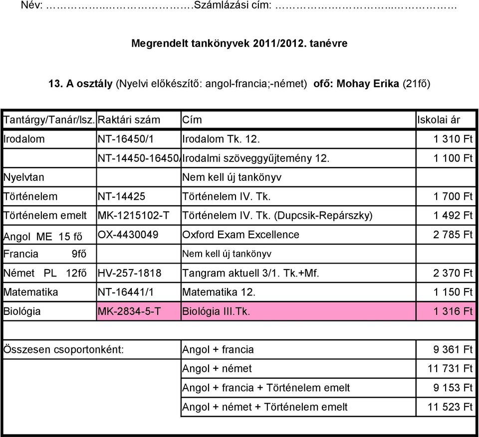 NT-14425 MK-1215102-T OX-4430049 Francia 9fő Német PL 12fő HV-257-1818 Matematika NT-16441/1 Matematika 12. Biológia MK-2834-5-T Irodalom Tk. 12. 1 310 Ft Történelem IV. Tk. 1 700 Ft Történelem IV.
