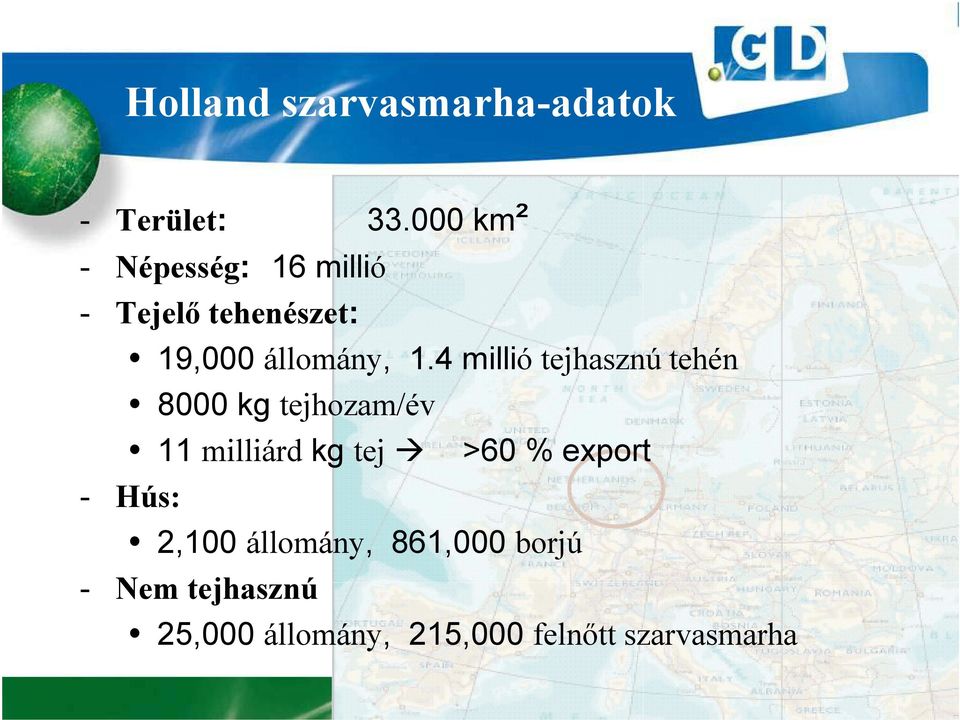 4 millió tejhasznú tehén 8000 kg tejhozam/év 11 milliárd kg tej >60 %