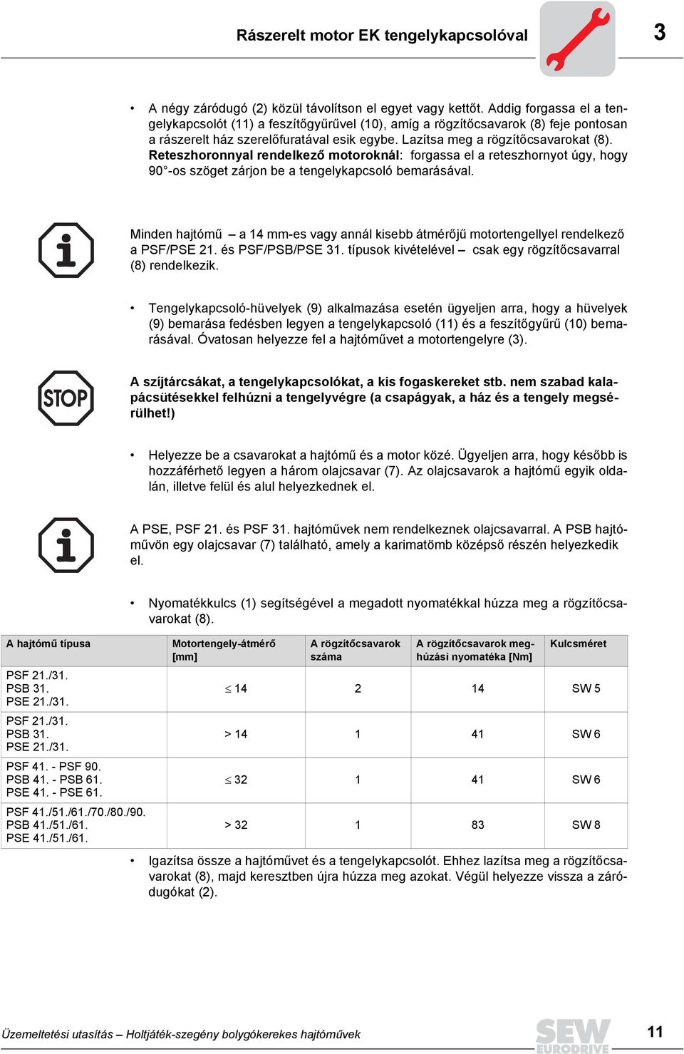 Reteszhoronnyal rendelkező motoroknál: forgassa el a reteszhornyot úgy, hogy 9-os szöget zárjon be a tengelykapcsoló bemarásával.