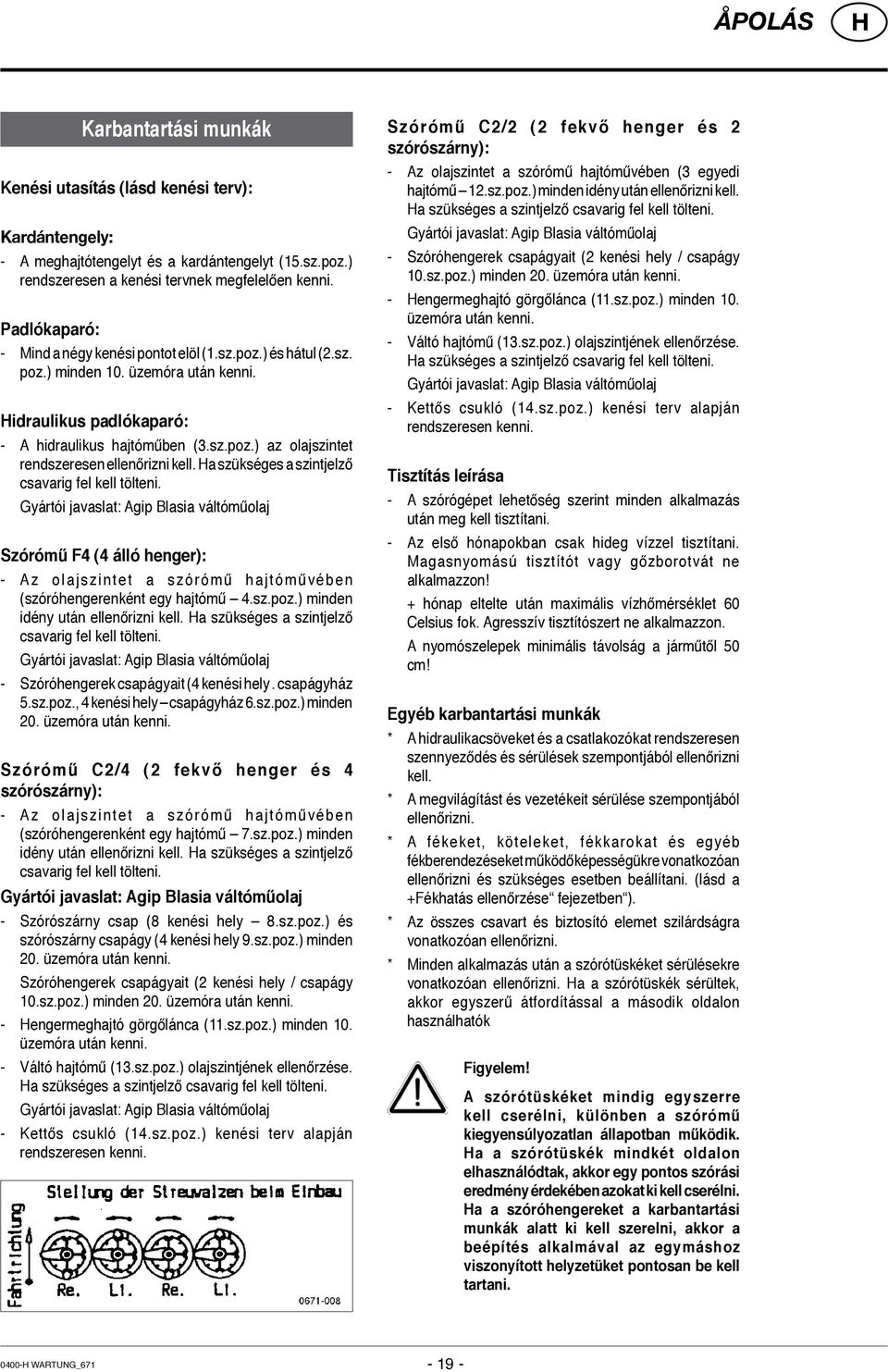 a szükséges a szintjelző csavarig fel kell tölteni. Gyártói javaslat: Agip Blasia váltóműolaj Szórómű F4 (4 álló henger): - Az olajszintet a szórómű hajtóművében (szóróhengerenként egy hajtómű 4.sz.poz.