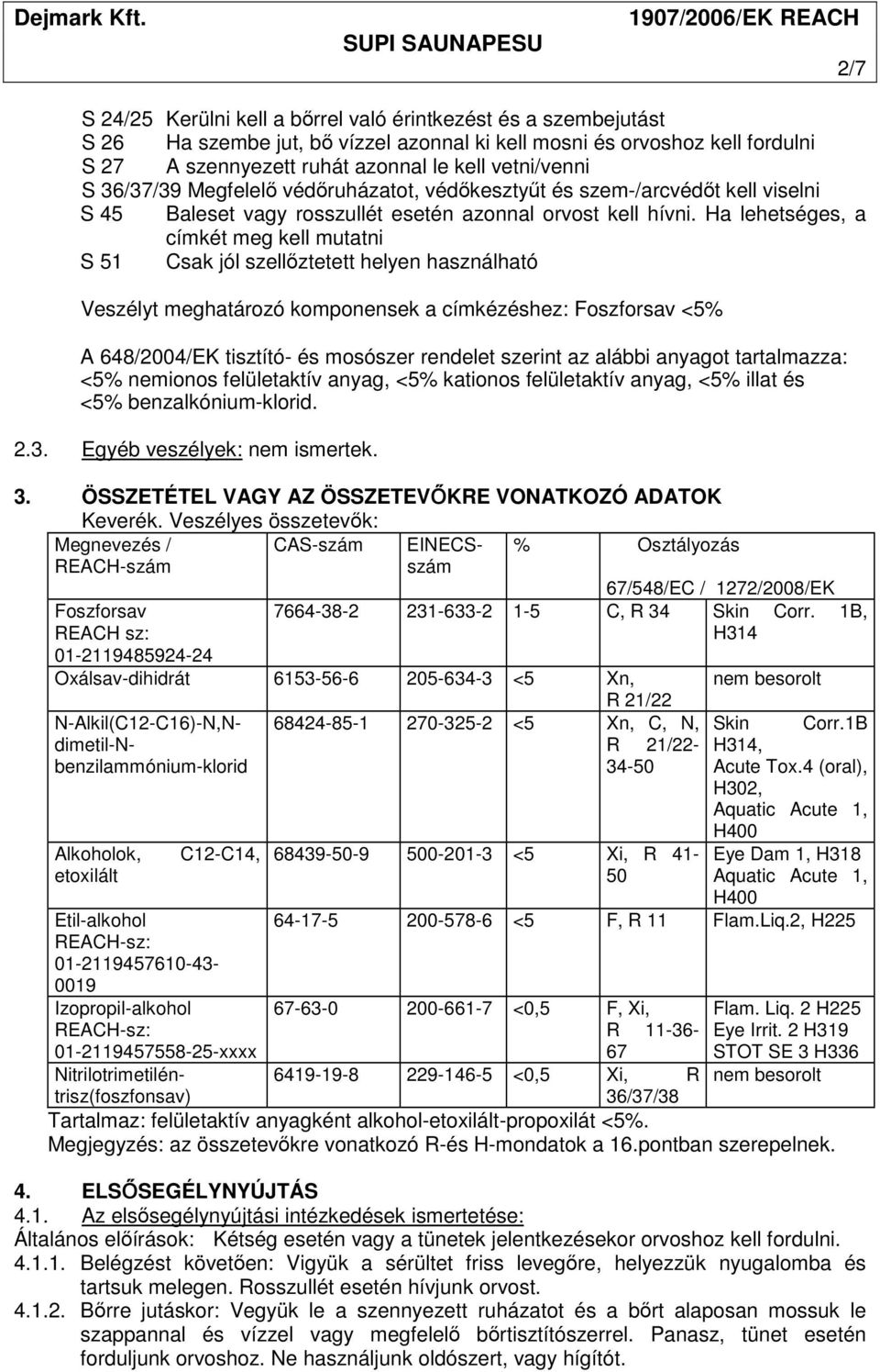 Ha lehetséges, a címkét meg kell mutatni S 51 Csak jól szellőztetett helyen használható Veszélyt meghatározó komponensek a címkézéshez: Foszforsav <5% A 648/2004/EK tisztító- és mosószer rendelet