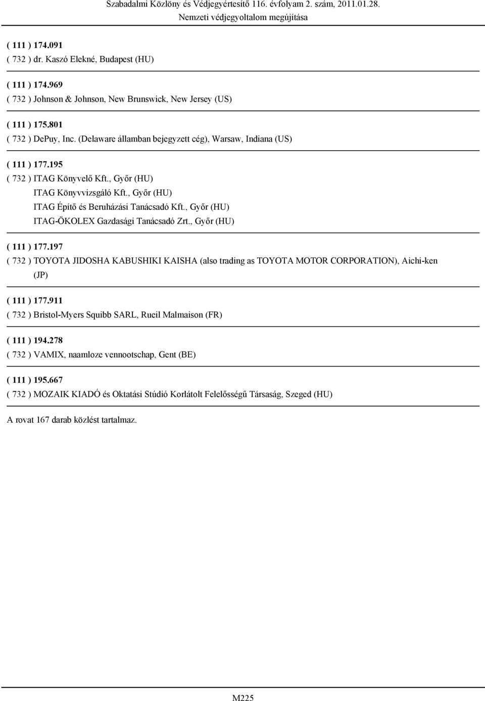 , Győr (HU) ITAG-ÖKOLEX Gazdasági Tanácsadó Zrt., Győr (HU) ( 111 ) 177.197 ( 732 ) TOYOTA JIDOSHA KABUSHIKI KAISHA (also trading as TOYOTA MOTOR CORPORATION), Aichi-ken (JP) ( 111 ) 177.