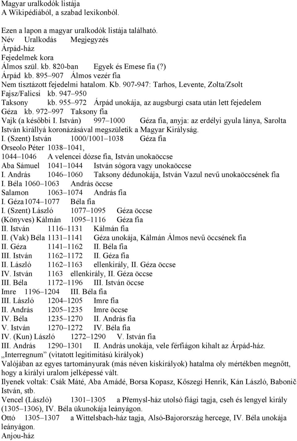 955 972 Árpád unokája, az augsburgi csata után lett fejedelem Géza kb. 972 997 Taksony fia Vajk (a későbbi I.