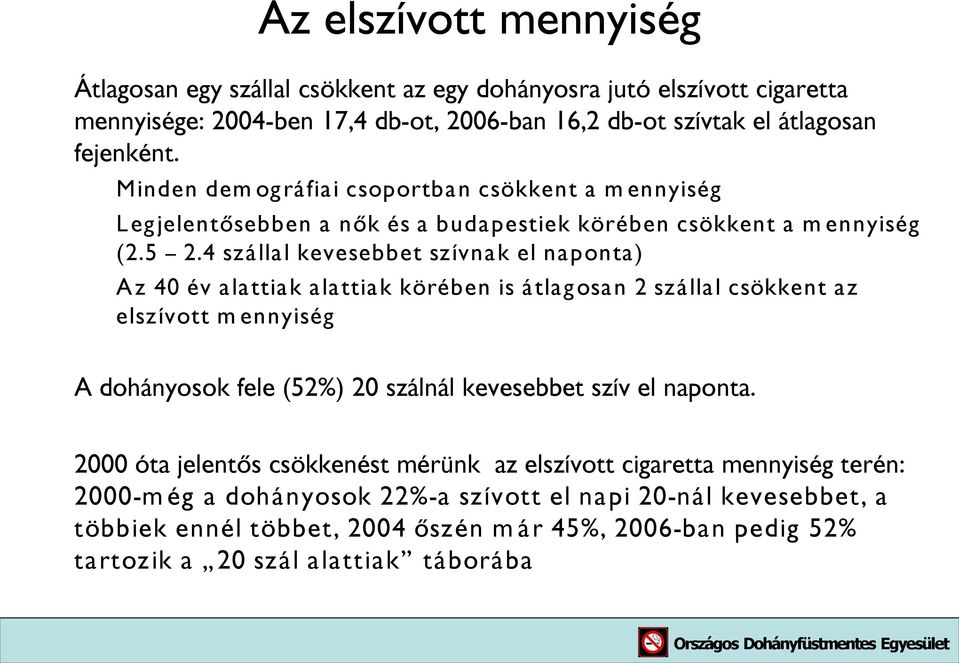 4 szállal kevesebbet szívnak el naponta) Az év alattiak alattiak körében is átlagosan 2 szállal csökkent az elszívott m ennyiség A dohányosok fele (52%) szálnál kevesebbet szív el