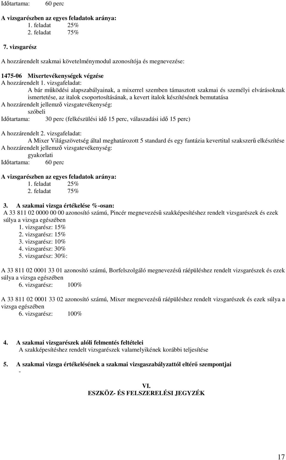 vizsgafeladat: bár mőködési alapszabályainak, a mixerrel szemben támasztott szakmai és személyi elvárásoknak ismertetése, az italok csoportosításának, a kevert italok készítésének bemutatása