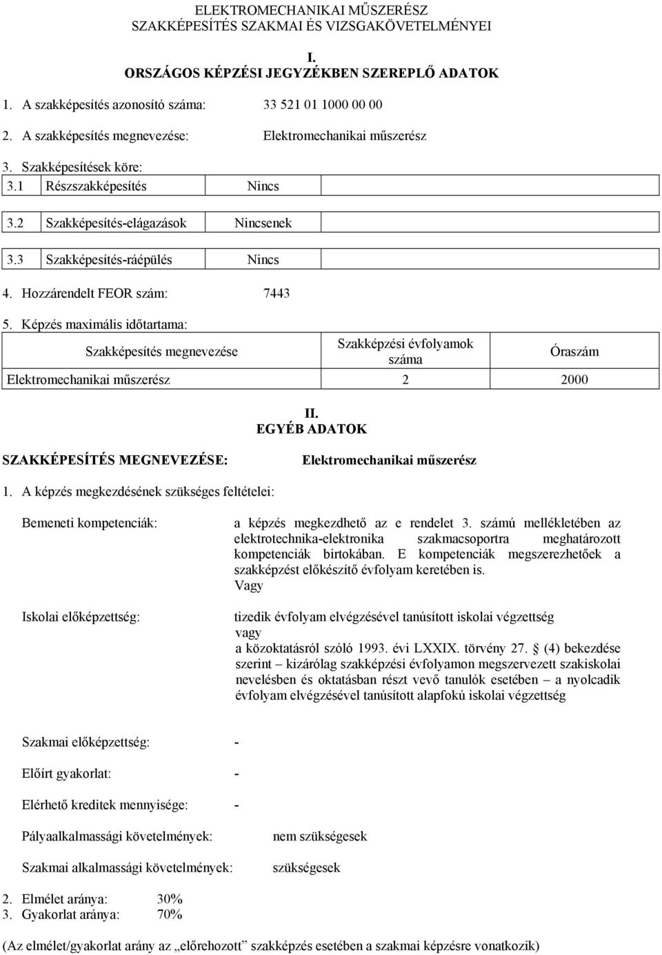 Hozzárendelt FEOR szám: 7443 5. Képzés maximális időtartama: Szakképesítés megnevezése Szakképzési évfolyamok száma Óraszám Elektromechanikai műszerész 2 2000 II.