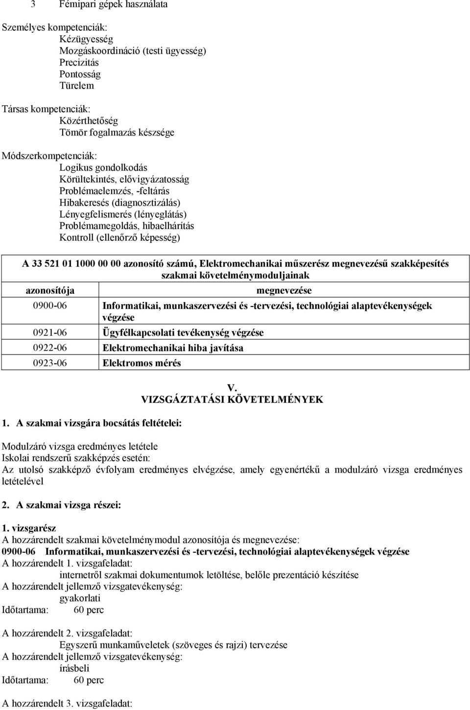 Kontroll (ellenőrző képesség) A 33 521 01 1000 00 00 azonosító számú, Elektromechanikai műszerész megnevezésű szakképesítés szakmai követelménymoduljainak azonosítója megnevezése 0900-06