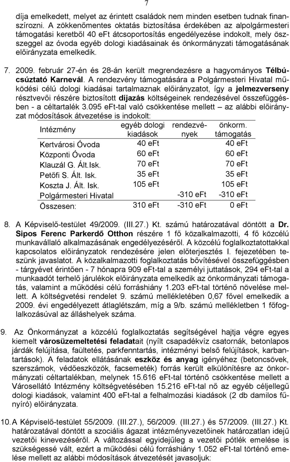 támogatásának előirányzata emelkedik. 7. 2009. február 27-én és 28-án került megrendezésre a hagyományos Télbúcsúztató Karnevál.