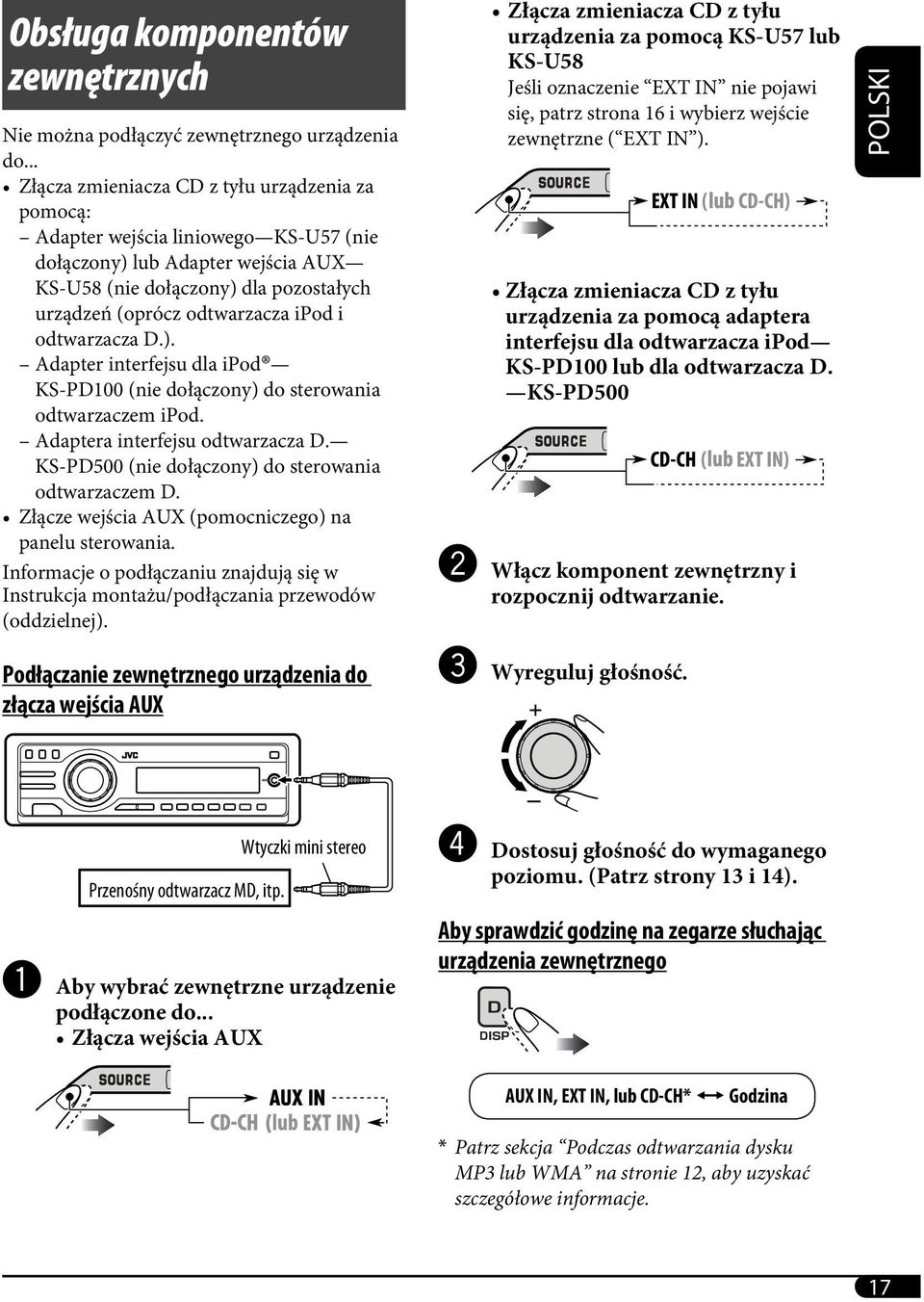 i odtwarzacza D.). Adapter interfejsu dla ipod KS-PD100 (nie dołączony) do sterowania odtwarzaczem ipod. Adaptera interfejsu odtwarzacza D. KS-PD500 (nie dołączony) do sterowania odtwarzaczem D.