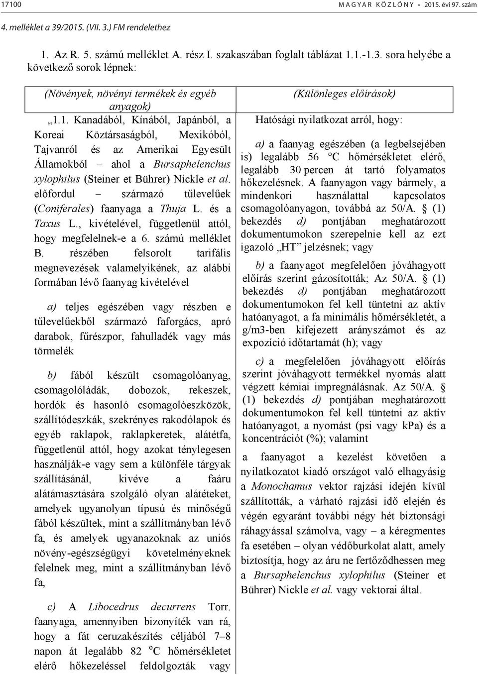 elfordul származó tlevelek (Coniferales) faanyaga a Thuja L. és a Taxus L., kivételével, függetlenül attól, hogy megfelelnek-e a 6. számú melléklet B.