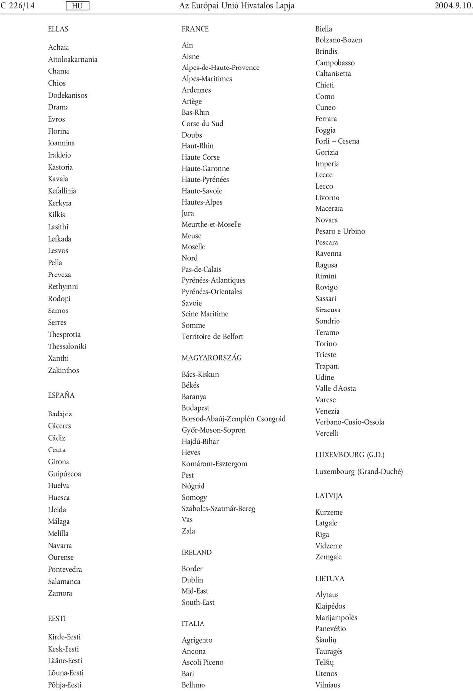 Thesprotia Thessaloniki Xanthi Zakinthos ESPAÑA Badajoz Cáceres Cádiz Ceuta Girona Guipúzcoa Huelva Huesca Lleida Málaga Melilla Navarra Ourense Pontevedra Salamanca Zamora EESTI Kirde-Eesti