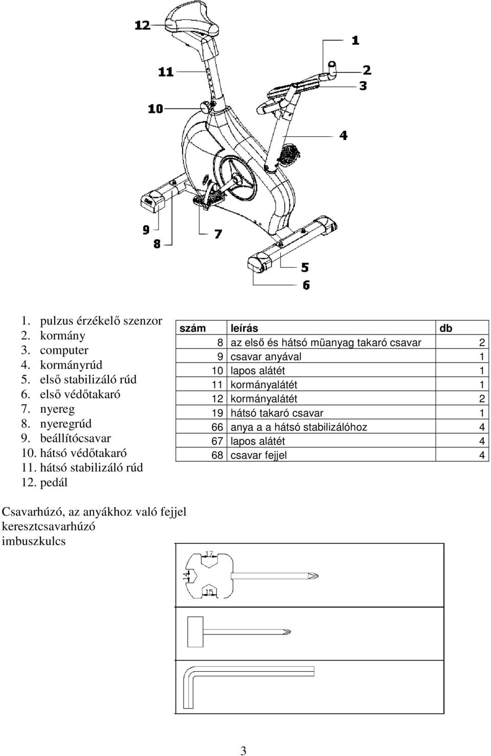 pedál szám leírás db 8 az elsı és hátsó müanyag takaró csavar 2 9 csavar anyával 1 10 lapos alátét 1 11 kormányalátét 1 12