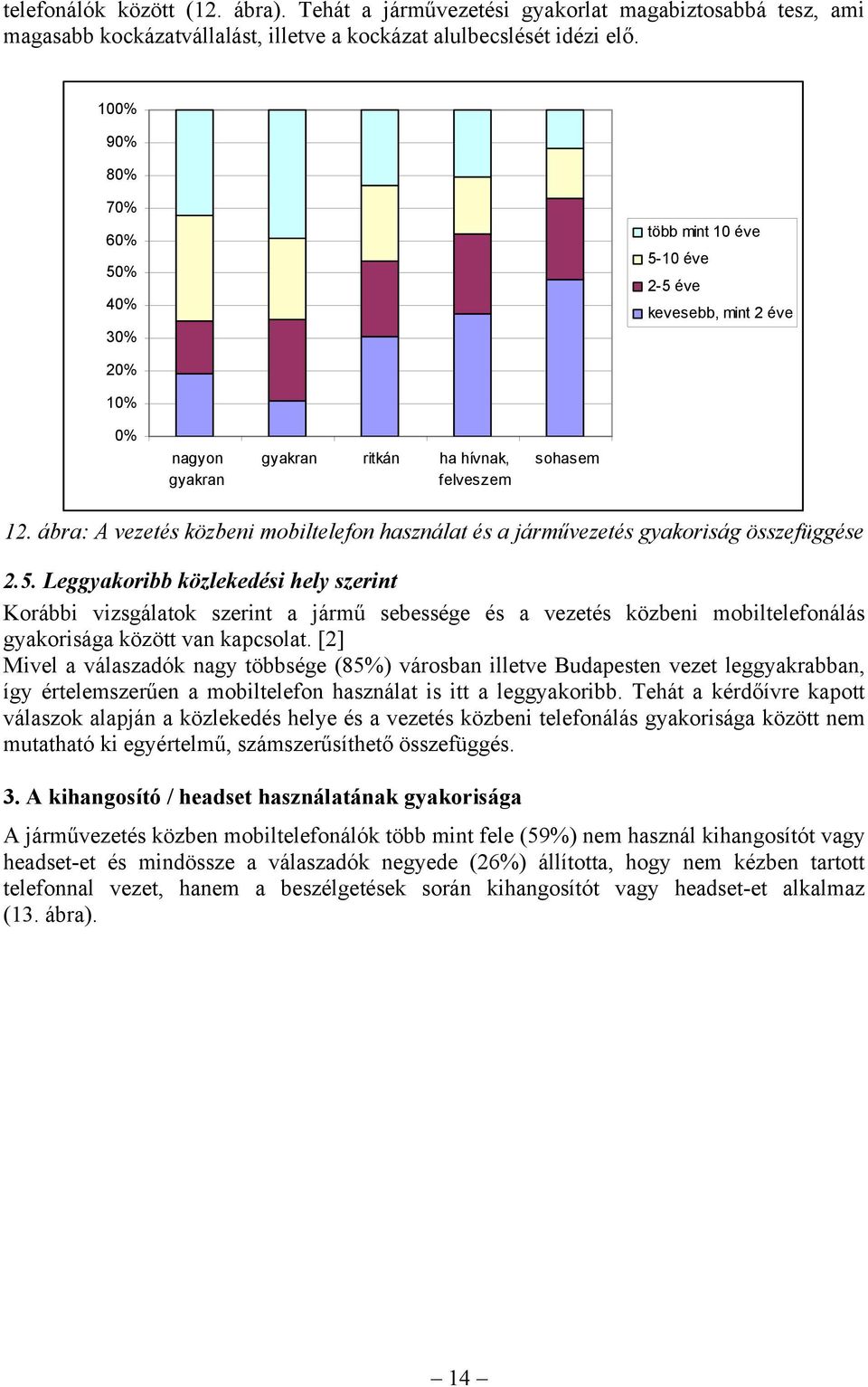 ábra: A vezetés közbeni mobiltelefon használat és a járművezetés gyakoriság összefüggése 2.5.