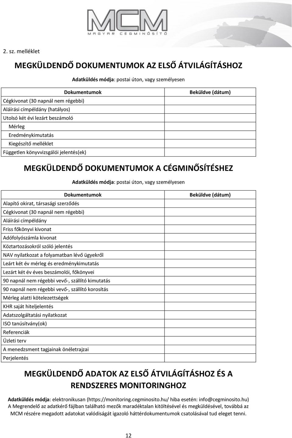 lezárt beszámoló Mérleg Eredménykimutatás Kiegészítő melléklet Független könyvvizsgálói jelentés(ek) Beküldve (dátum) MEGKÜLDENDŐ DOKUMENTUMOK A CÉGMINŐSÍTÉSHEZ Adatküldés módja: postai úton, vagy